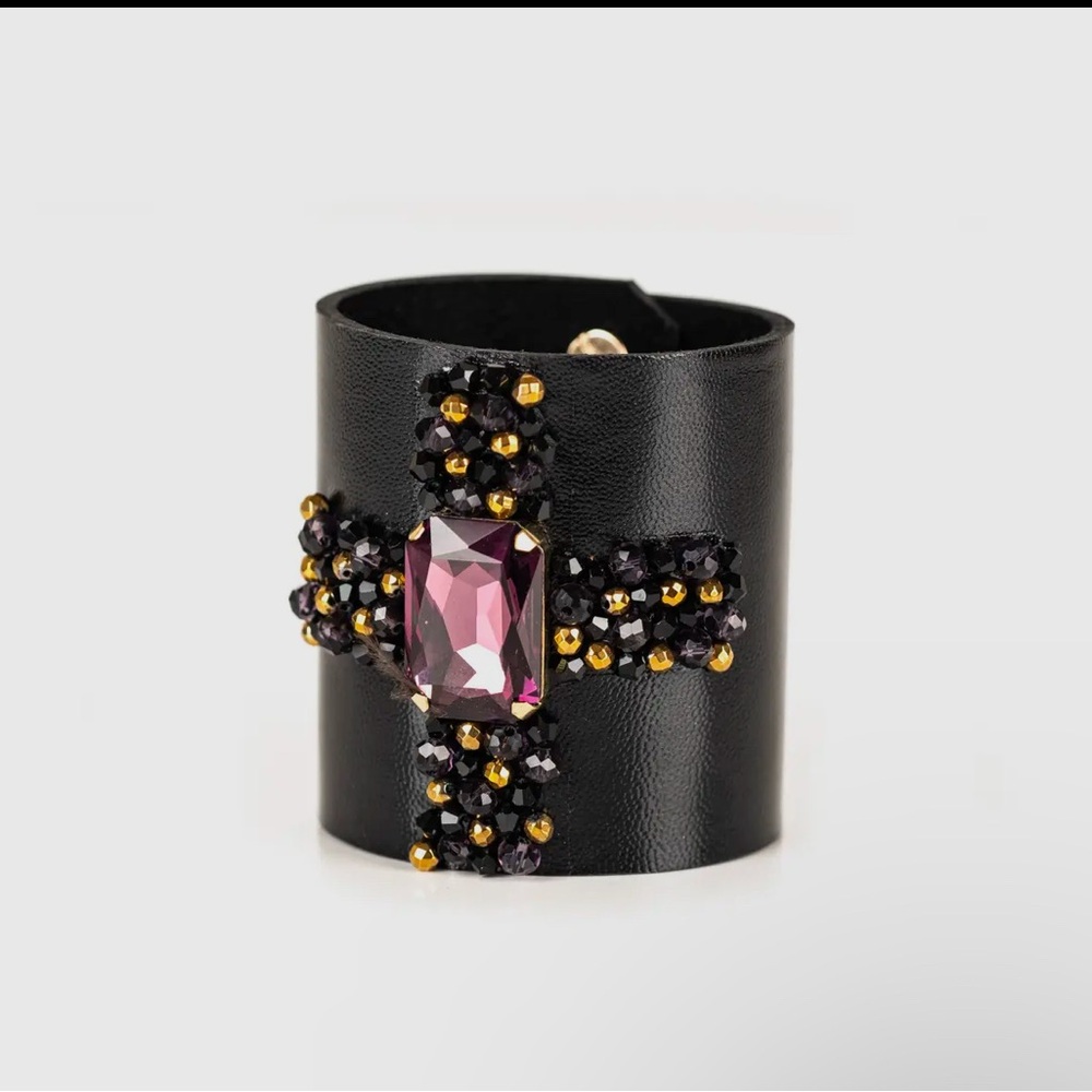 Beaded cross leather cuff.